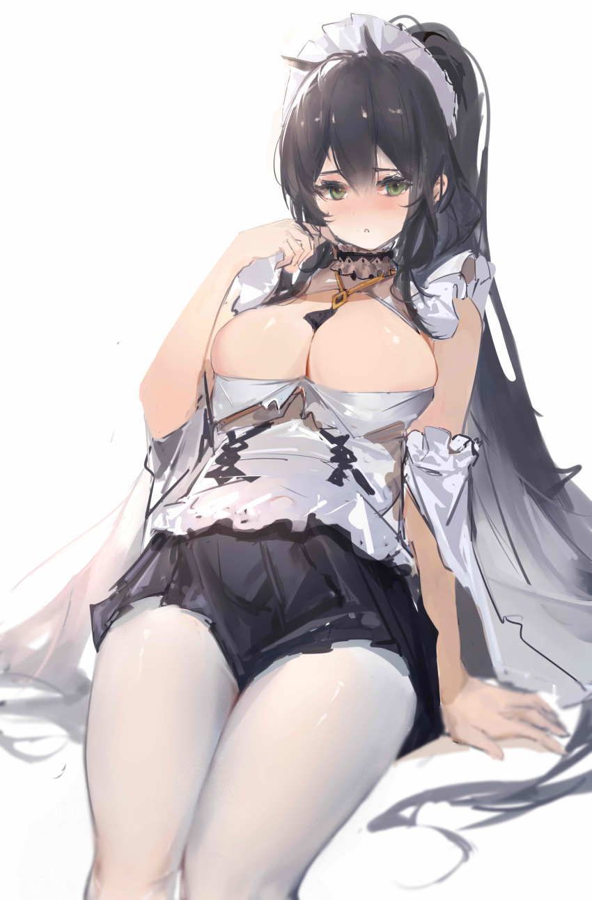 1girl absurdres azur_lane black_hair black_skirt blush breasts green_eyes highres indomitable_(azur_lane) indomitable_(ms._motivationless_maid)_(azur_lane) large_breasts long_hair looking_at_viewer maid_headdress miniskirt mkt_(pixiv15187870) official_alternate_costume pantyhose pleated_skirt simple_background sitting skirt solo very_long_hair white_background white_pantyhose