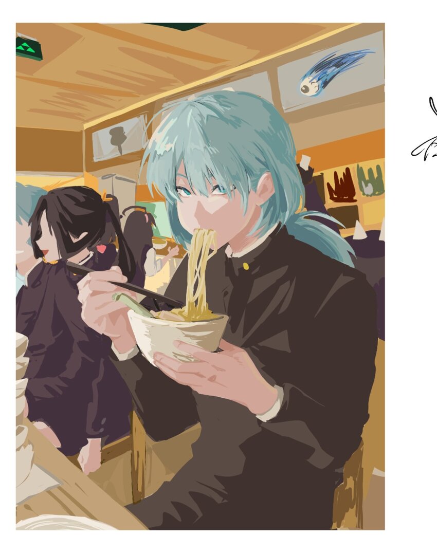 2girls 3boys :d ahoge black_hair black_jacket black_shorts black_vest blue_eyes blue_hair blunt_tresses border bowl bowl_stack ceiling chopsticks contemporary curtained_hair disembodied_eye expressionless faceless food food_in_mouth fubuki_(nige_jouzu_no_wakagimi) gakuran hair_between_eyes hair_over_one_eye hairband hands_up high_collar highres holding holding_bowl holding_chopsticks houjou_tokiyuki_(nige_jouzu_no_wakagimi) indoors jacket ko_3asg long_hair long_sleeves looking_at_viewer low_ponytail male_focus mitsu_uroko mochizuki_ayako motoyui multiple_boys multiple_girls nezu_kojirou nige_jouzu_no_wakagimi noodles official_alternate_costume open_mouth parted_bangs pink_hairband ponytail ramen school_uniform shirt shizuku_(nige_jouzu_no_wakagimi) shorts sidelocks_tied_back sitting sleeves_rolled_up smile table vest white_border white_shirt wolf_cut wooden_chair