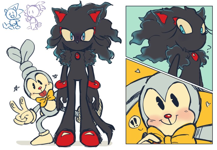 ! !! 1boy 1girl ? animal_ears black_eyes blaze_the_cat blaze_the_cat_(beta_design) blue_eyes blush cat_ears cat_girl cat_tail furry furry_female furry_male gem highres looking_at_another no_mouth prototype_design rabbit_ears red_gemstone smile sonic_(series) sonic_the_hedgehog sonic_the_hedgehog_(beta_design) spidercheetos tail tongue tongue_out v