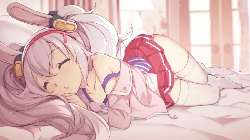 1girl animal_ears azur_lane blvefo9 chestnut_mouth child closed_eyes collarbone jacket laffey_(azur_lane) long_hair lying on_side open_mouth panties pink_jacket rabbit_ears red_skirt skirt sleeping thighhighs twintails underwear white_hair white_thighhighs