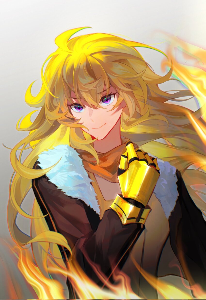 1girl blonde_hair brown_jacket cleavage_cutout clenched_hand closed_mouth clothing_cutout fire gradient_background hair_between_eyes highres jacket long_hair mechanical_arms orange_scarf prosthesis prosthetic_arm purple_eyes rwby scarf shirt simple_background single_mechanical_arm solo standing yang_xiao_long yellow_shirt youliqy