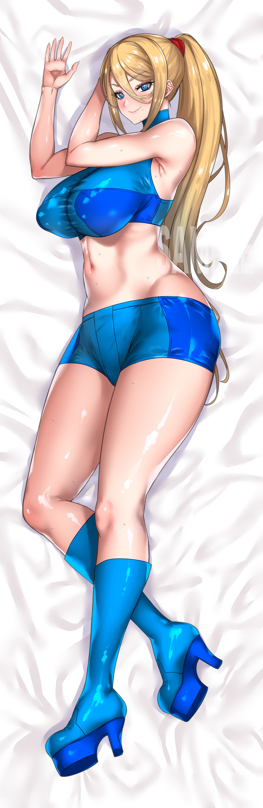 1girl absurdres bare_shoulders blonde_hair blue_eyes blue_footwear blue_shorts blue_socks blue_sports_bra breasts closed_mouth covered_erect_nipples dakimakura_(medium) full_body hair_between_eyes hands_up high_heels highres kneehighs large_breasts long_hair looking_at_viewer lying metroid mole mole_under_mouth morimoto_kiyona nintendo on_side ponytail samus_aran shorts smile socks solo sports_bra