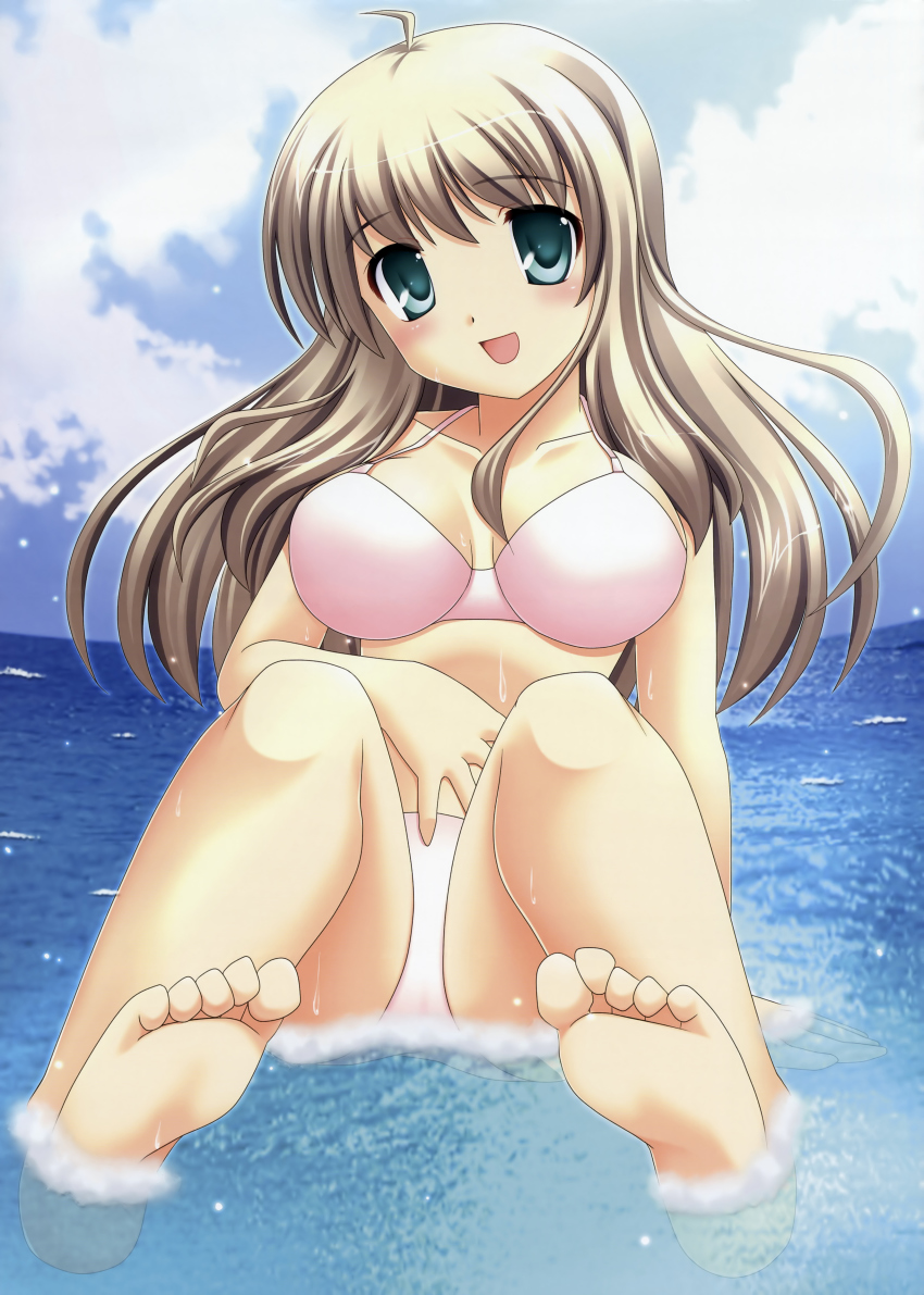 1girl absurdres barefoot bikini blonde_hair blue_eyes breasts cleavage feet highres inuzumi_masaki long_hair loversoul misaki_haruna sitting step_x_steady swimsuit water wet