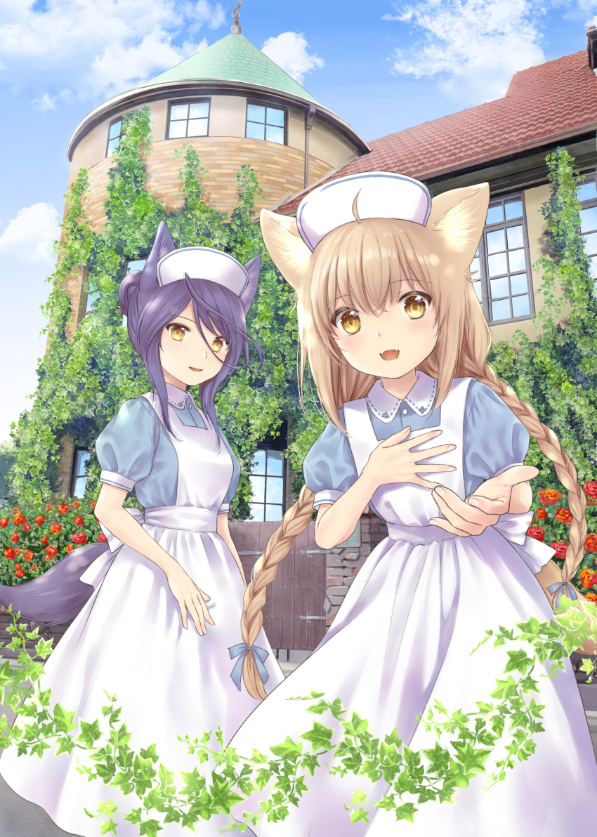 2girls :d ahoge amano_sakuya animal_ear_fluff animal_ears apron blonde_hair blue_dress blue_ribbon braid building cloud commentary day dress fangs flower fox_ears fox_girl fox_tail hair_between_eyes hair_bun hair_ribbon hand_on_own_chest hat highres konohana_kitan light_blush long_hair looking_at_viewer low_twintails multiple_girls nurse_cap open_mouth outdoors outstretched_arm plant_request puffy_short_sleeves puffy_sleeves purple_hair red_flower ribbon satsuki_(konohana_kitan) short_sleeves single_hair_bun sky smile standing tail twin_braids twintails very_long_hair white_apron yellow_eyes yuzu_(konohana_kitan)