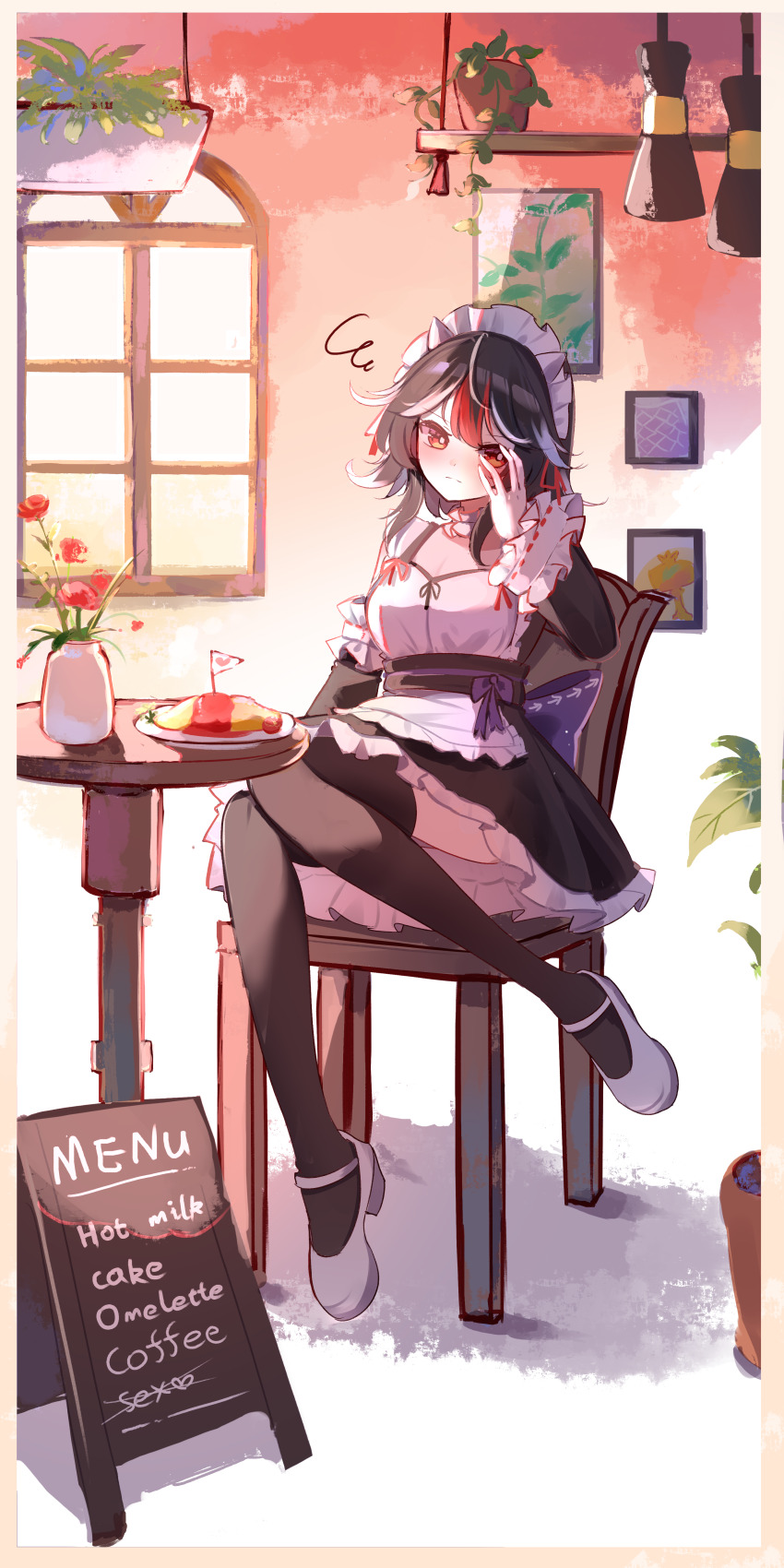 1girl absurdres alternate_costume apron arrow_print back_bow black_sleeves black_thighhighs blush bow breasts cafe chair chinese_commentary choker cleavage closed_mouth commentary_request detached_sleeves dress english_text food frilled_apron frilled_choker frilled_dress frilled_sleeves frills full_body hand_up head_tilt highres horns indoors kijin_seija knees_together_feet_apart long_sleeves maid maid_apron maid_headdress mary_janes medium_hair menu_board multicolored_hair omelet omurice on_chair plant plate potted_plant purple_ribbon red_eyes red_ribbon ribbon ribbon-trimmed_sleeves ribbon_trim round_table shen_bi_ren_(user_rjgy2824) shoes sitting solo squiggle streaked_hair table thighhighs touhou vase white_apron white_footwear wide_sleeves window