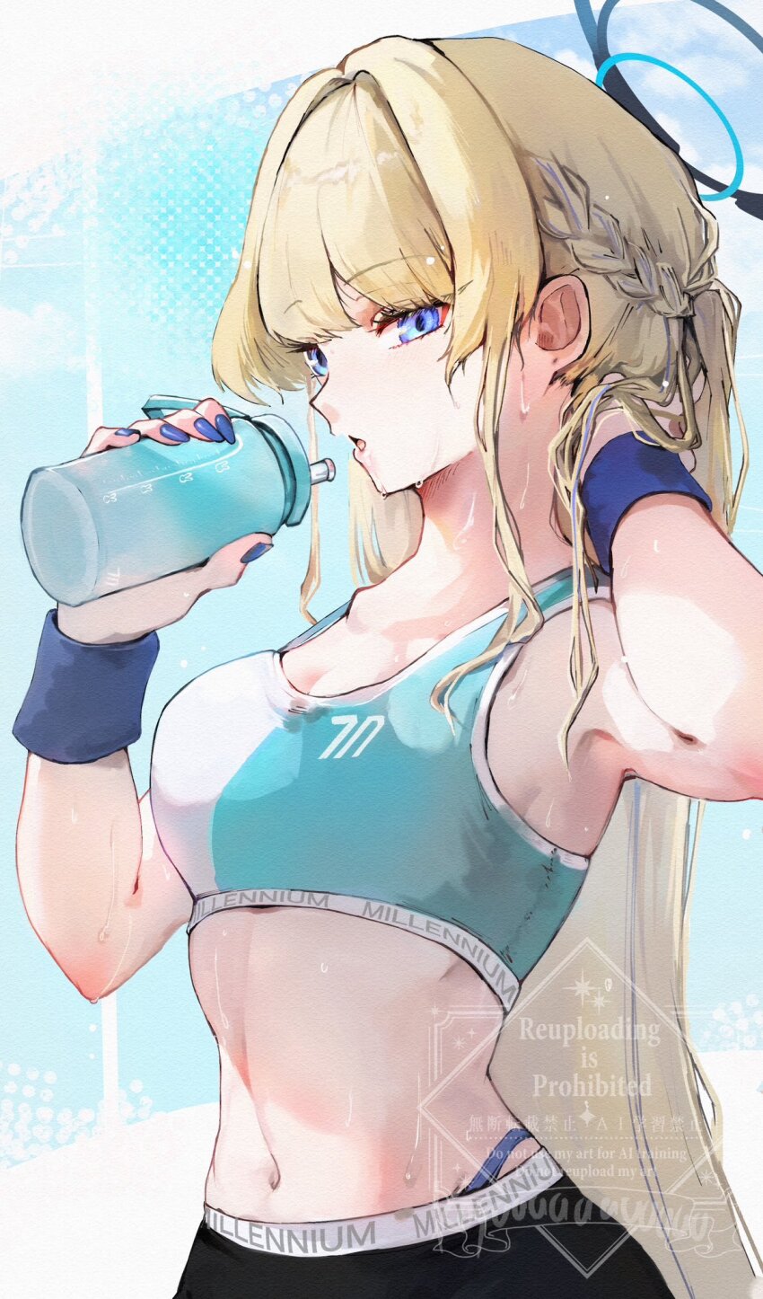 1girl alternate_costume black_pants blonde_hair blue_archive blue_eyes blue_halo blue_panties bottle breasts drinking halo highleg highleg_panties highres holding holding_bottle koyuuuuuuuuuuu long_hair multiple_wristbands navel panties pants sports_bra toki_(blue_archive) two-tone_sports_bra underwear water_bottle yoga_pants