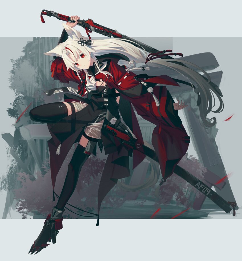 1girl absurdres agemaki_knot ahoge black_footwear curtained_hair full_body highres holding holding_sword holding_weapon japanese_clothes katana long_hair looking_at_viewer low-tied_long_hair multicolored_hair nagishiro_mito original parted_bangs pelvic_curtain platform_footwear red_eyes red_hair red_streaks scabbard sheath sidelocks solo streaked_hair sword thighhighs torii turtleneck unitard weapon white_hair wide_sleeves