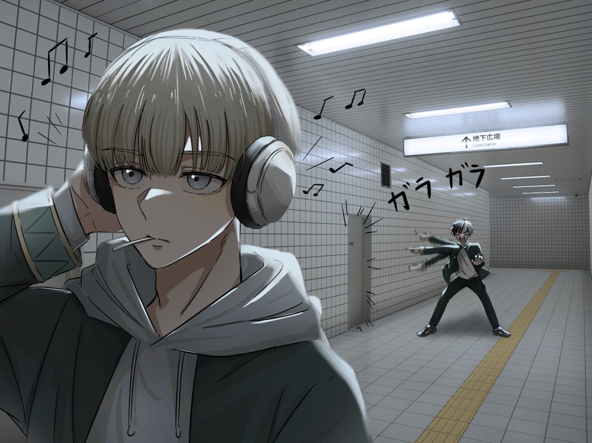 2boys black_jacket black_pants blunt_bangs candy food grey_eyes grey_hoodie hair_between_eyes hand_on_headphones headphones highres hood hoodie jacket kaji_ren lollipop long_sleeves multicolored_hair multiple_boys musical_note pants sakura_haruka_(wind_breaker) sweatdrop the_exit_8 tile_floor tile_wall tiles two-tone_hair white_hair wind_breaker_(nii_satoru) yorimeow