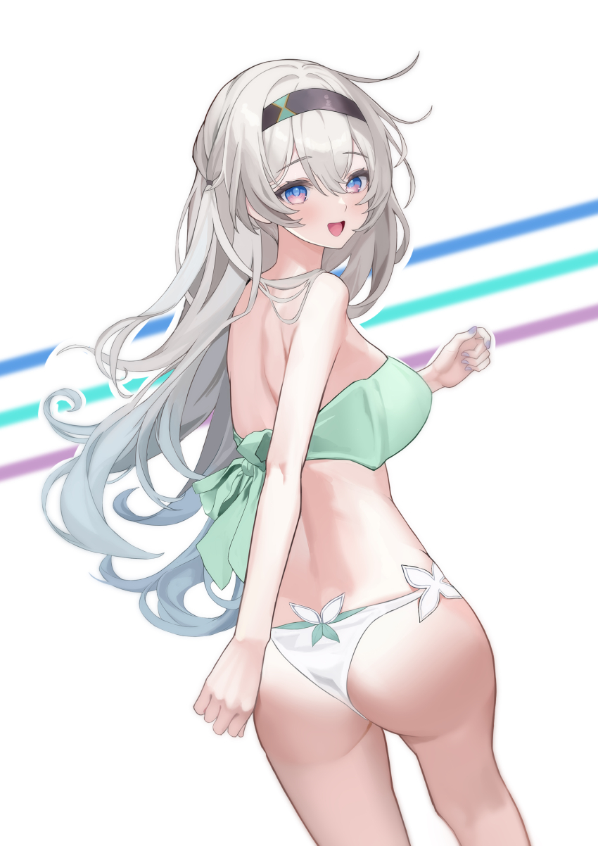 1girl :d absurdres bare_shoulders bikini blush breasts cowboy_shot firefly_(honkai:_star_rail) gradient_hair green_bikini grey_hair hair_between_eyes highres honkai:_star_rail honkai_(series) long_hair looking_at_viewer looking_back medium_breasts multicolored_hair open_mouth senbonsang smile swimsuit two-tone_eyes