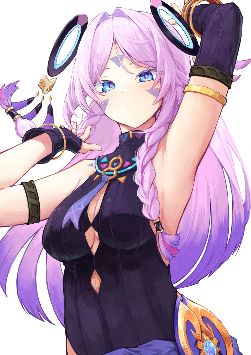 1girl arm_markings arm_up armpits arms_up black_leotard blue_eyes blunt_tresses braid breasts citlali_(genshin_impact) facial_mark floating_hair_ornament forehead_mark genshin_impact glove_cutout gloves hair_ornament highres leotard long_hair looking_at_viewer pink_hair pink_pupils ring_hair_ornament sleeveless_leotard sleeveless_turtleneck_leotard solo triangle triangle_facial_mark twin_braids umiya_mizuki very_long_hair white_background