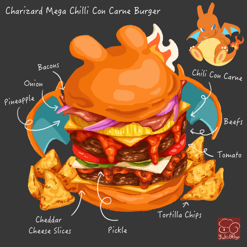 artist_logo artist_name bacon bread burger character-themed_food character_name charizard cheese chili_con_carne chips_(food) creatures_(company) food food_focus food_name fruit game_freak gen_1_pokemon grey_background highres meat nintendo no_humans onion pickle pineapple pineapple_slice pokemon simple_background tomato tomato_slice yuki00yo