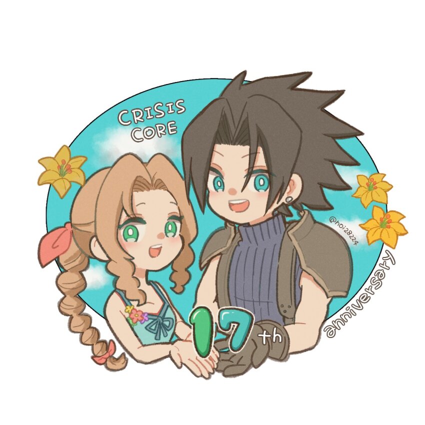 1boy 1girl aerith_gainsborough anniversary armor bare_shoulders black_hair blue_eyes blue_sky braid braided_ponytail brown_hair cloud cloudy_sky commentary_request crisis_core_final_fantasy_vii cropped_torso dress drill_hair drill_sidelocks earrings final_fantasy final_fantasy_vii flower green_eyes hair_ribbon highres jewelry long_hair looking_at_viewer noi_(noi28224) open_hand open_mouth parted_bangs pink_ribbon ribbed_sweater ribbon shoulder_armor sidelocks sky sleeveless sleeveless_dress sleeveless_turtleneck smile spiked_hair stud_earrings sweater turtleneck turtleneck_sweater twitter_username upper_body yellow_flower zack_fair