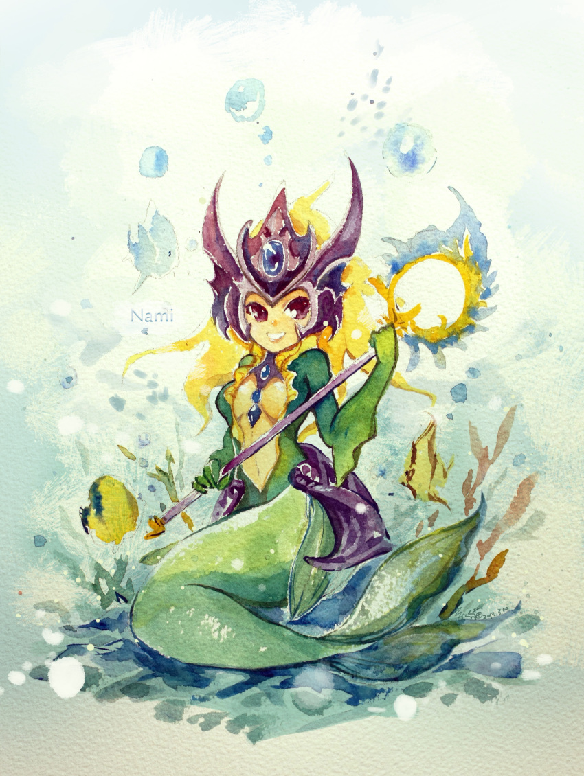 1girl aa2233a absurdres character_name female_focus fins fish_tail headpiece highres league_of_legends mermaid monster_girl nami_(league_of_legends) painting_(medium) red_eyes scales seashell shell solo staff tail traditional_media watercolor_(medium)