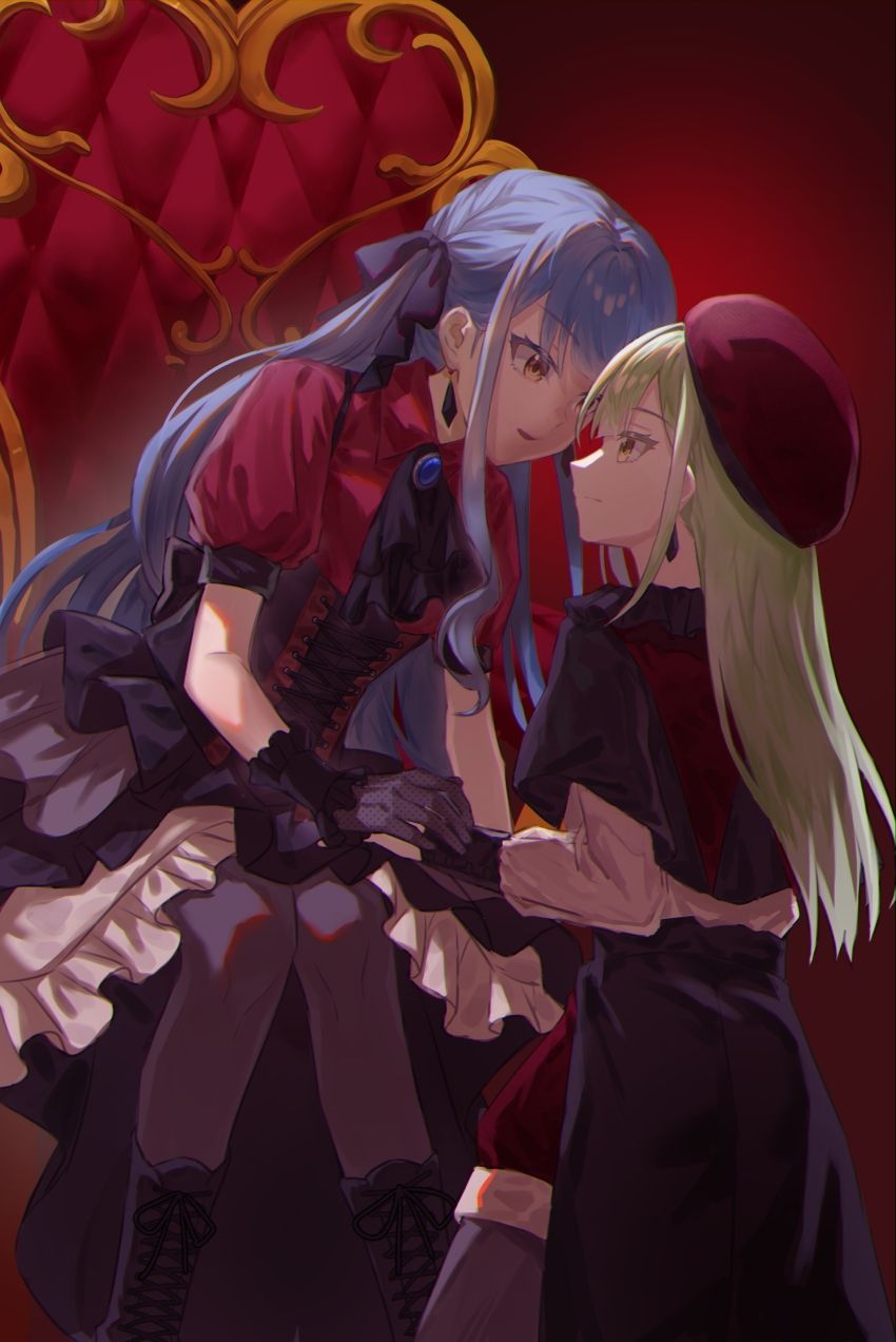 2girls absurdres ascot bang_dream! bang_dream!_it&#039;s_mygo!!!!! beret black_ascot black_corset black_footwear black_gloves black_pantyhose black_ribbon black_skirt blue_brooch blue_hair boots chair closed_mouth collared_shirt corset earrings eye_contact frilled_skirt frills gloves green_hair hair_ribbon hat highres holding_hands jewelry layered_skirt long_hair long_sleeves looking_at_another mortis_(bang_dream!) multiple_girls oblivionis_(bang_dream!) open_mouth pantyhose pantyhose_under_shorts puffy_short_sleeves puffy_sleeves red_hat red_shirt red_shorts ribbon see-through_clothes shirt short_sleeves shorts sidelocks skirt togawa_sakiko trileo405 wakaba_mutsumi yellow_eyes yuri