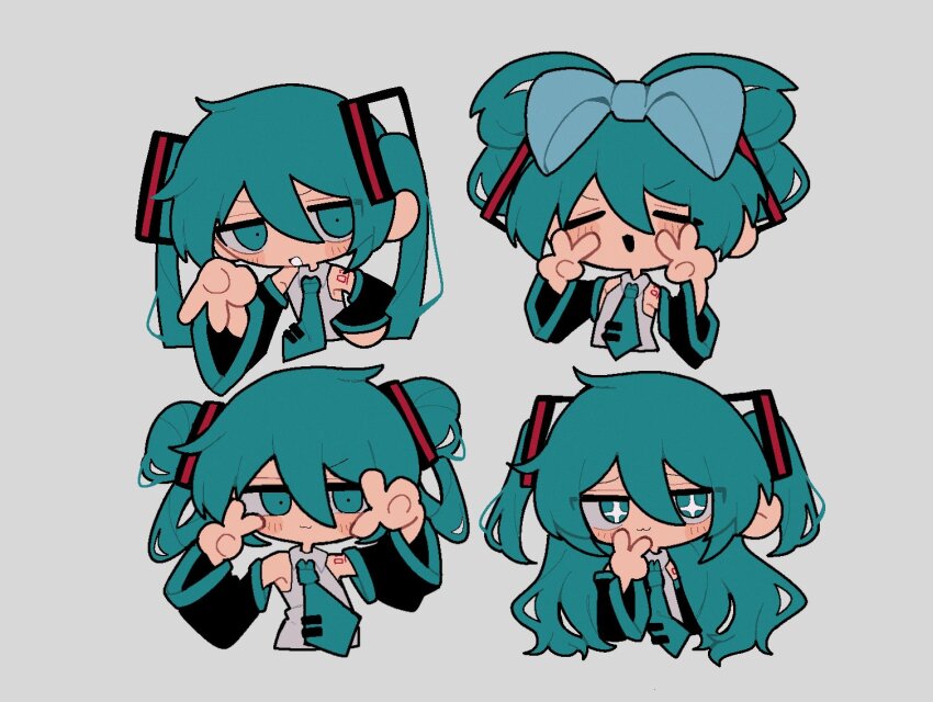 +_+ 1girl :3 aqua_eyes aqua_hair aqua_necktie aqua_trim bare_shoulders black_sleeves blue_bow bow bright_pupils cinnamiku closed_eyes closed_mouth collared_shirt commentary_request cropped_torso detached_sleeves double-parted_bangs double_v grey_background gyaru_v hair_between_eyes hair_bow hair_ornament hatsune_miku inward_v long_hair long_sleeves looking_at_viewer multiple_views necktie number_tattoo open_mouth shiba_inu_(j1piwzrj8xdzywk) shirt shoulder_tattoo simple_background sleeveless sleeveless_shirt tattoo tie_clip twintails two_side_up v v-shaped_eyebrows vocaloid white_pupils white_shirt