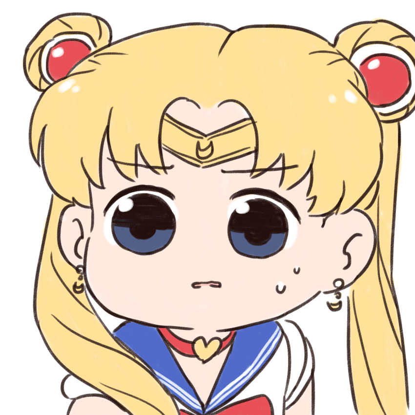 1girl batta_(ijigen_debris) bishoujo_senshi_sailor_moon bishoujo_senshi_sailor_moon_s blonde_hair blue_eyes choker crescent crescent_earrings derivative_work diadem earrings heart heart_choker highres jewelry meme red_choker sailor_moon sailor_moon_redraw_challenge_(meme) sailor_senshi_uniform solo sweatdrop tsukino_usagi twintails white_background