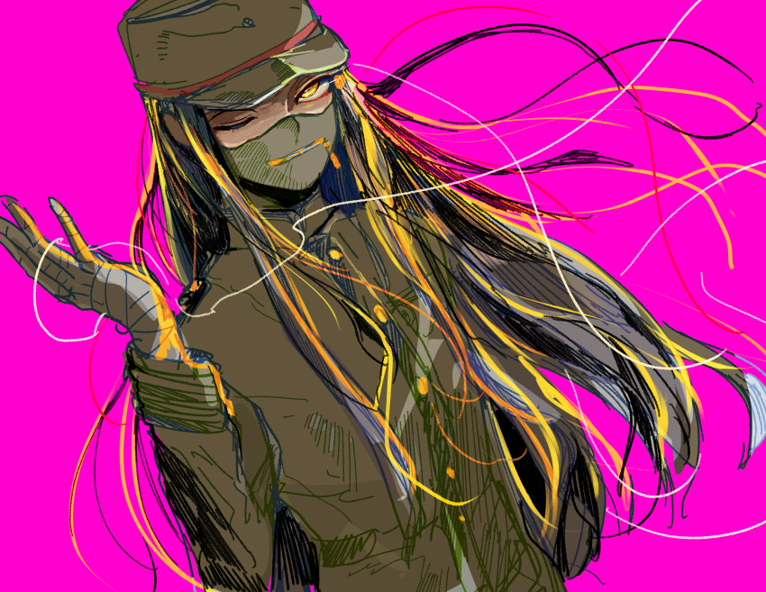 1boy absurdres bandaged_hand bandages bishounen black_hair black_mask buttons commentary covered_mouth danganronpa_(series) danganronpa_v3:_killing_harmony hand_up hat highres jacket long_hair long_sleeves looking_at_viewer male_focus mask mouth_mask one_eye_closed pink_background school_uniform shinguji_korekiyo sketch solo suyako_(oekaki) upper_body yellow_eyes zipper