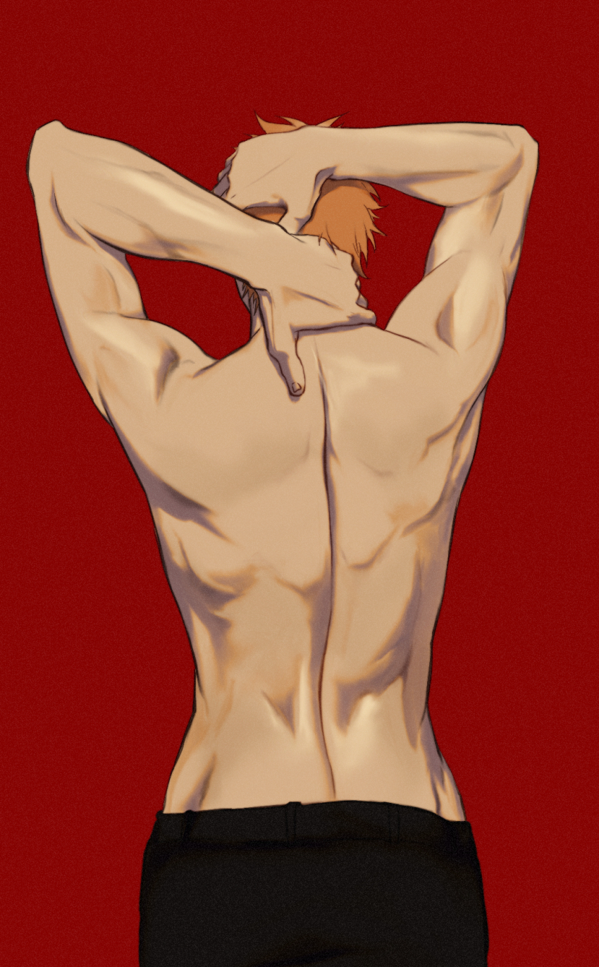 1boy arms_up back bare_back bleach chinese_commentary commentary_request cowboy_shot film_grain from_behind hand_on_own_head hand_on_own_neck highres ihsekodwww kurosaki_ichigo male_focus muscular muscular_male orange_hair red_background short_hair simple_background solo spiked_hair topless_male