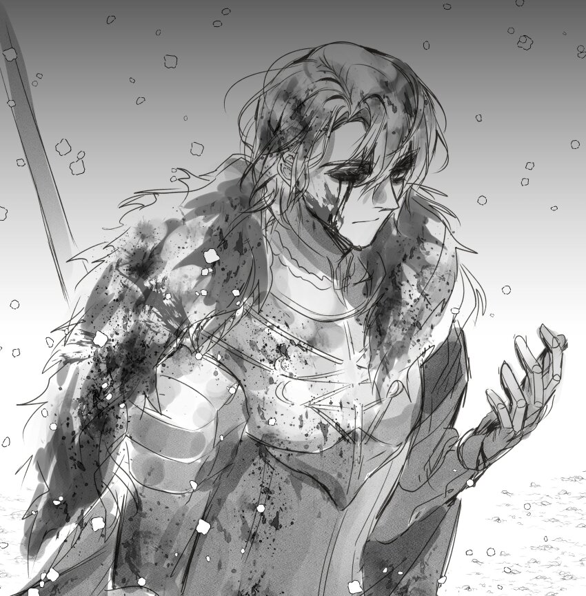 1boy a_(asan_a_aa) absurdres arm_up armor blood blood_on_armor blood_on_face breastplate cape closed_mouth commentary_request dimitri_alexandre_blaiddyd fire_emblem fire_emblem:_three_houses fur-trimmed_cape fur_trim gauntlets greyscale hair_between_eyes highres holding holding_weapon injury korean_commentary looking_at_hand male_focus missing_eye monochrome nintendo sketch snowing solo upper_body weapon