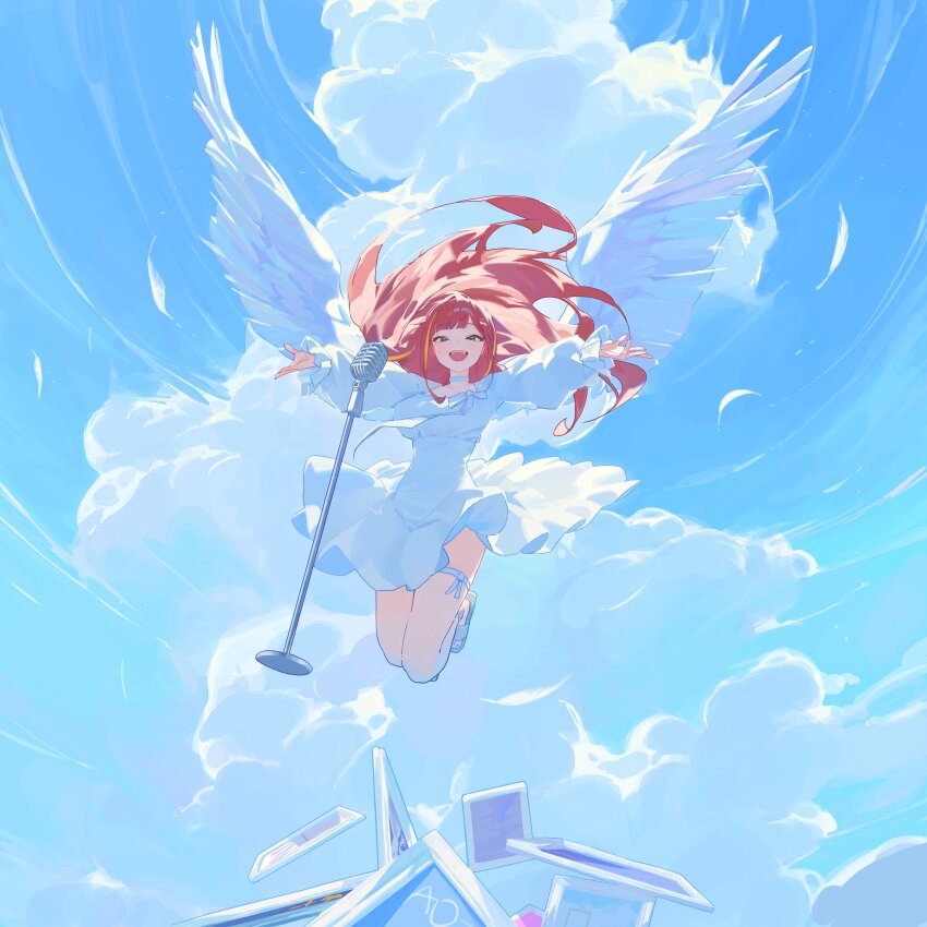 1girl absurdres akane_lize blue_sky choker cloud dress feathered_wings highres ikky long_hair looking_at_viewer open_mouth outdoors red_hair sky solo stellive thigh_strap virtual_youtuber white_choker white_dress wings