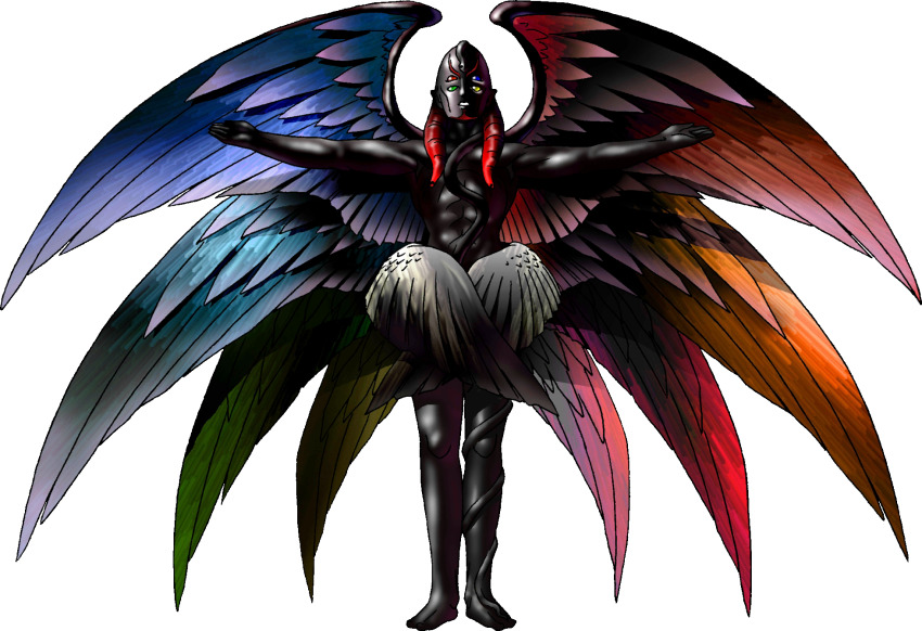 1boy asymmetrical_wings black_skin blue_eyes colored_skin feathered_wings full_body green_eyes heterochromia highres kazuma_kaneko multiple_wings official_art outstretched_arms parted_lips photoshop_(medium) red_eyes shin_megami_tensei solo spread_arms standing third-party_source transparent_background wing_censor wings yaldabaoth yellow_eyes