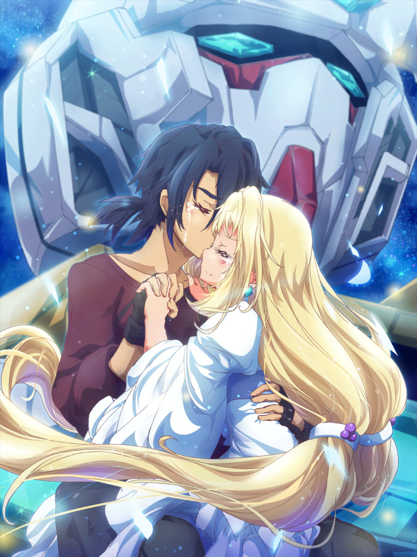 1boy 1girl black_hair blonde_hair core_gundam couple crying eve_(gundam_build_divers_re:rise) closed_eyes fingerless_gloves gloves gundam gundam_build_divers gundam_build_divers_re:rise hetero highres holding_hands inoshishi_(ikatomo) interlocked_fingers kiss kuga_hiroto