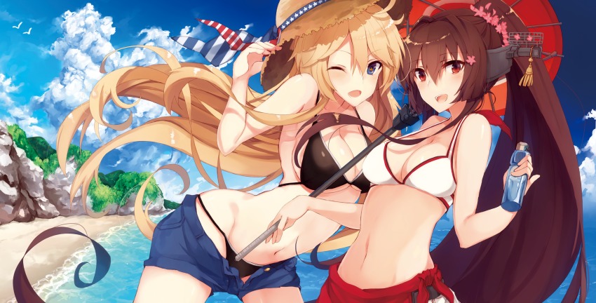 10s 2girls american_flag bad_id bad_pixiv_id beach bikini blonde_hair breasts brown_hair cherry_blossoms cleavage cloud cloudy_sky day hat headgear highres iowa_(kancolle) kantai_collection kinona large_breasts long_hair medium_breasts multiple_girls navel oil-paper_umbrella one_eye_closed open_mouth outdoors ponytail ramune sarong shorts sky star-shaped_pupils star_(symbol) straw_hat swimsuit symbol-shaped_pupils umbrella very_long_hair yamato_(kancolle) yamato_(swimsuit_mode)_(kancolle)