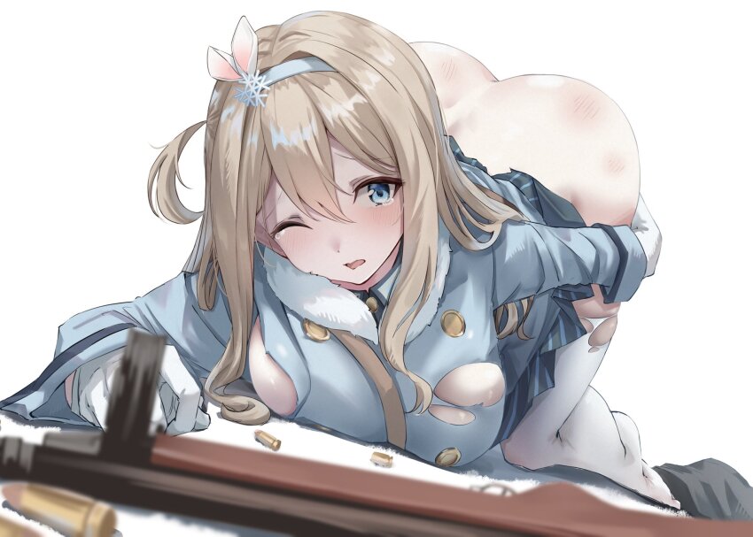 1girl ass blonde_hair blue_eyes blue_hairband blue_jacket blue_skirt blush breasts bullet girls&#039;_frontline gloves gun hair_between_eyes hair_ornament hairband highres jacket large_breasts long_hair long_sleeves one_eye_closed open_mouth shell_casing skirt solo submachine_gun suomi_(girls&#039;_frontline) suomi_kp/-31 tears thighhighs top-down_bottom-up torn_clothes wano117_wa weapon white_gloves white_thighhighs