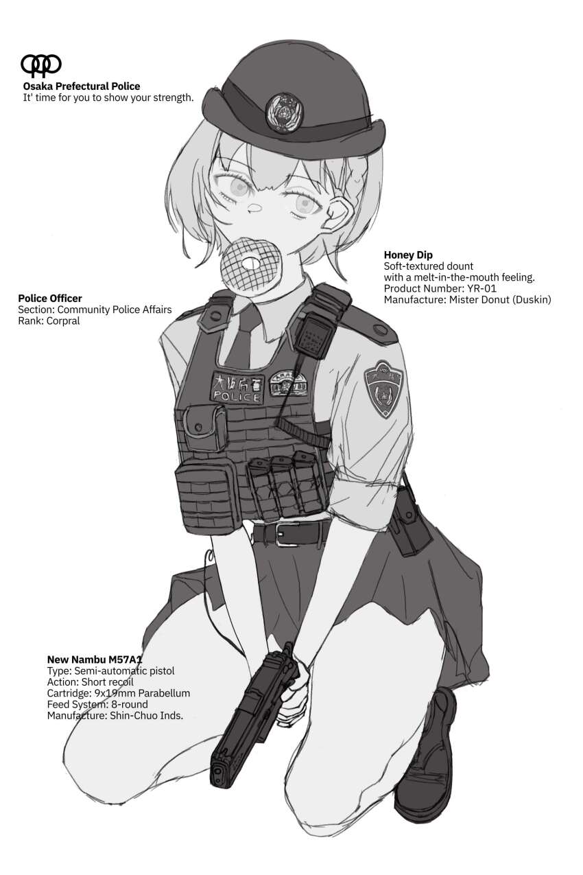 1girl absurdres arei belt belt_pouch black_footwear black_necktie braid bulletproof_vest collared_shirt commentary_request crown_braid doughnut english_text food food_in_mouth gun handgun hat highres japan_national_police kneeling looking_at_viewer monochrome mouth_hold necktie original pleated_skirt police police_hat police_uniform policewoman pouch radio shirt short_sleeves simple_background skirt sleeves_rolled_up solo weapon