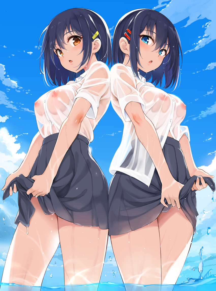 2girls :o absurdres black_hair black_skirt blue_eyes blue_sky blush breasts brown_eyes collared_shirt day dress_shirt from_below hair_ornament hairclip high-waist_skirt highres hoshizuki_kaede hoshizuki_suzu huge_filesize kaede_to_suzu kyokucho looking_at_viewer looking_down love_me medium_breasts miniskirt multiple_girls nipples no_bra open_mouth outdoors see-through_clothes shirt short_hair short_sleeves siblings sidelocks sisters skirt sky thighs twins wading water wet wet_clothes wet_shirt white_shirt wringing_clothes wringing_skirt