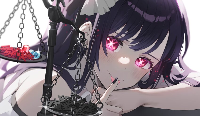 1girl absurdres bare_shoulders black_nails black_ribbon blush close-up detached_sleeves dosei hair_ornament highres hoshino_ai licking licking_finger long_hair nail_polish oshi_no_ko pink_eyes purple_hair rabbit_hair_ornament ribbon sidelocks solo sparkle star-shaped_pupils star_(symbol) swept_bangs symbol-shaped_pupils tongue tongue_out weighing_scale