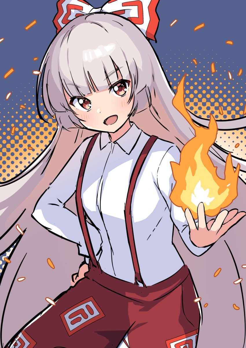 1girl alternate_eye_color bad_id bad_twitter_id blue_background blush bow breasts brown_eyes collared_shirt commentary_request eyes_visible_through_hair fire fujiwara_no_mokou gradient_background grey_hair hand_on_own_hip hand_up highres long_hair long_sleeves looking_to_the_side medium_breasts miz_(mizillustration) multicolored_background multicolored_bow ofuda ofuda_on_clothes open_mouth orange_background pants puffy_long_sleeves puffy_sleeves red_bow red_pants shirt smile solo standing suspenders touhou v-shaped_eyebrows white_bow white_shirt