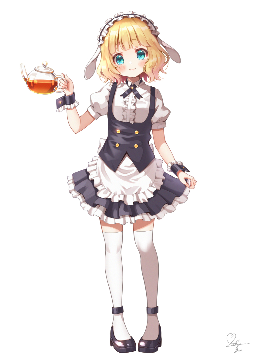 1girl absurdres animal_ears apron aqua_eyes black_footwear blonde_hair blouse blush center_frills closed_mouth collared_shirt fake_animal_ears fleur_de_lapin_uniform floppy_ears frilled_cuffs frilled_shirt frills full_body gochuumon_wa_usagi_desu_ka? highres holding kirima_syaro looking_at_viewer mozukun43 puffy_short_sleeves puffy_sleeves rabbit_ears shirt short_hair short_sleeves signature simple_background smile solo thighhighs waist_apron white_apron white_background white_shirt white_thighhighs