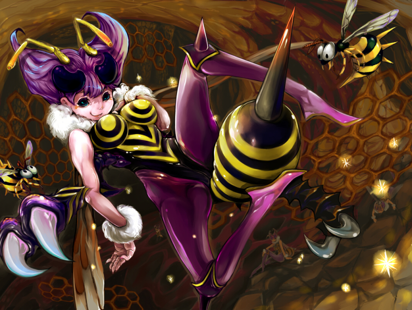 4girls antennae aqua_eyes arthropod_girl bee bee_girl breasts bug capcom chinchira claws clone donkey_kong_(series) donkey_kong_country dutch_angle female_focus fur honeycomb honeycomb_pattern indoors insect insect_girl monster_girl multiple_girls pantyhose purple_hair purple_legwear q-bee short_hair darkstalkers zinger