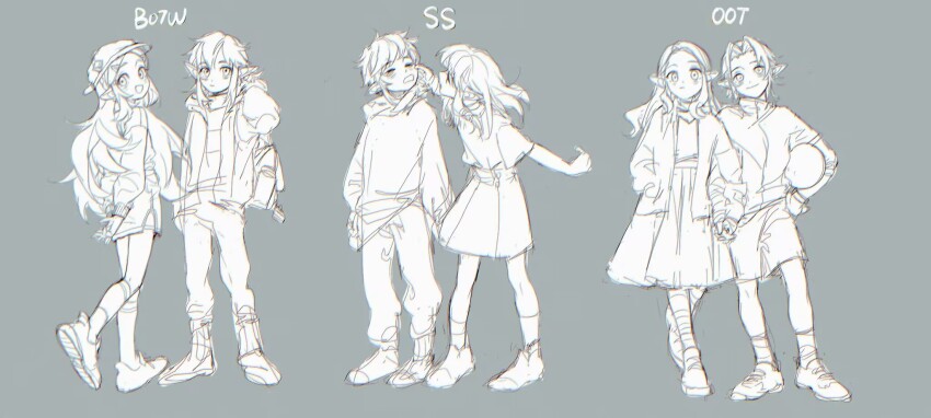 1boy 1girl arms_behind_back grey_background hat highres holding_hands ji_yuyun link multiple_views nintendo pinching pointy_ears princess_zelda sketch standing the_legend_of_zelda the_legend_of_zelda:_breath_of_the_wild