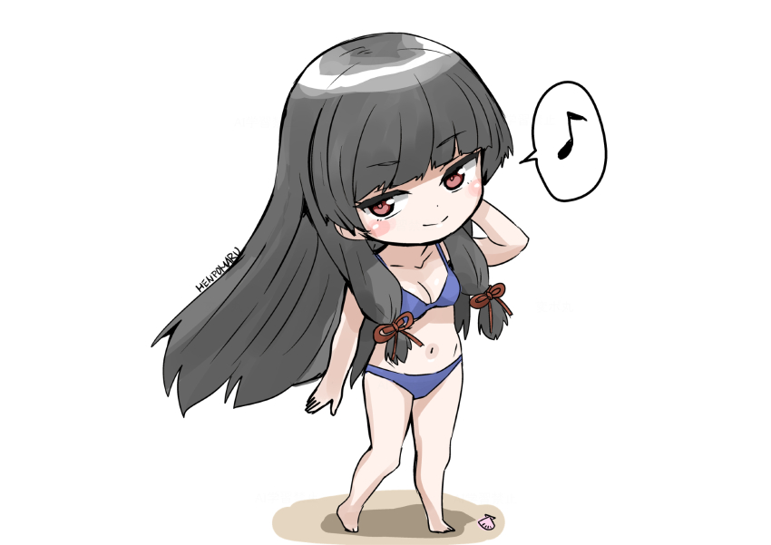 1girl 30-06 alternate_costume barefoot bikini black_hair blue_bikini blunt_bangs breasts chibi eighth_note eyes_visible_through_hair hair_ribbon highres isokaze_(kancolle) kantai_collection long_hair looking_at_viewer medium_breasts musical_note red_eyes ribbon simple_background solo spoken_musical_note standing swimsuit tress_ribbon white_background