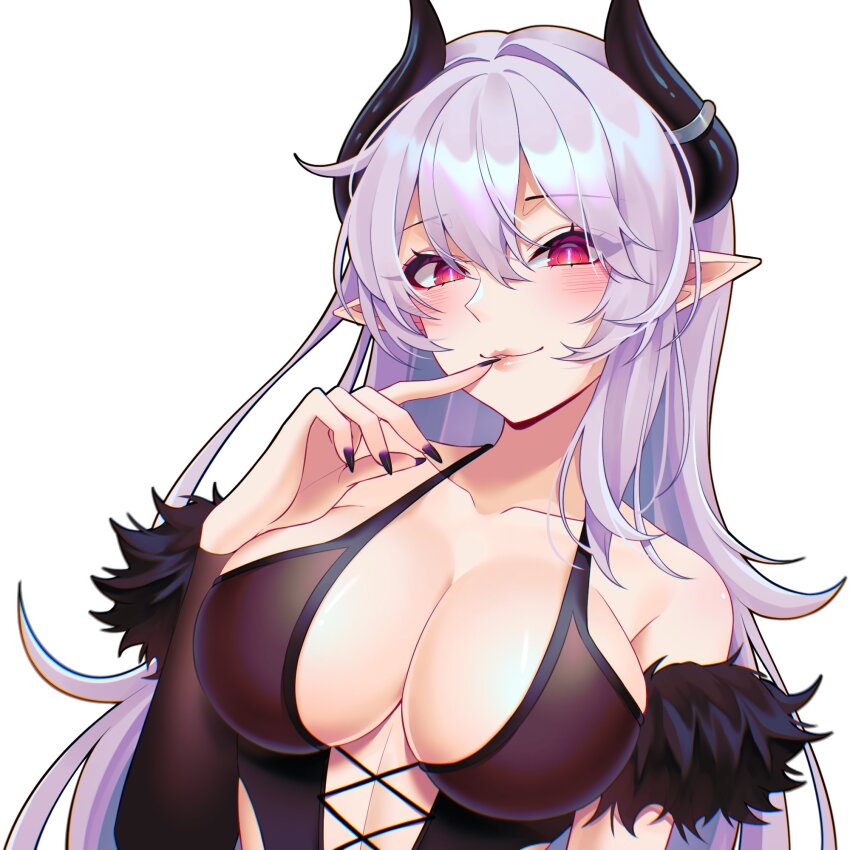 1girl ahyra bare_shoulders black_nails blush bra breasts colored_skin covered_erect_nipples curvy demon demon_girl demon_horns gloves highres horns indie_virtual_youtuber lace lace_bra lace_gloves large_breasts lipstick long_hair looking_at_viewer makeup mature_female nail_polish pointy_ears red_eyes solo underwear vampire virtual_youtuber white_hair white_skin xeapher