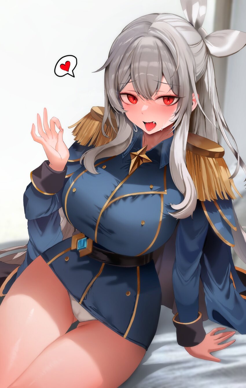 1girl absurdres arm_support belt black_belt black_cape blue_cape blue_jacket blue_skirt blush bow breasts cape collared_jacket cowboy_shot epaulettes fang gluteal_fold grey_bow grey_hair hair_bow hand_up highres jacket large_breasts long_hair long_sleeves microskirt ok_sign open_mouth original panties red_eyes revision saliva sidelocks sitting skirt solo sweatdrop thigh_gap tongue tongue_out underwear white_panties zerocat