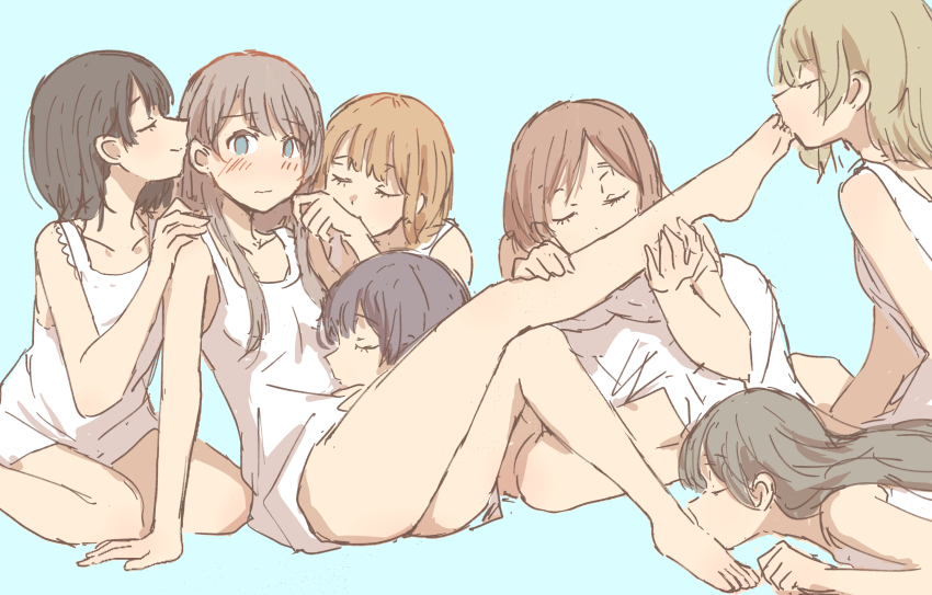 6+girls absurdres bare_arms bare_legs barefoot betock black_hair blue_background blue_eyes blush brown_hair closed_mouth collarbone commentary_request kissing_ear embarrassed closed_eyes feet kissing_foot kissing_hand harem highres kiss kissing_leg long_hair long_shirt looking_at_viewer medium_hair multiple_girls orange_hair original seiza shirt simple_background sitting kissing_stomach white_shirt yuri