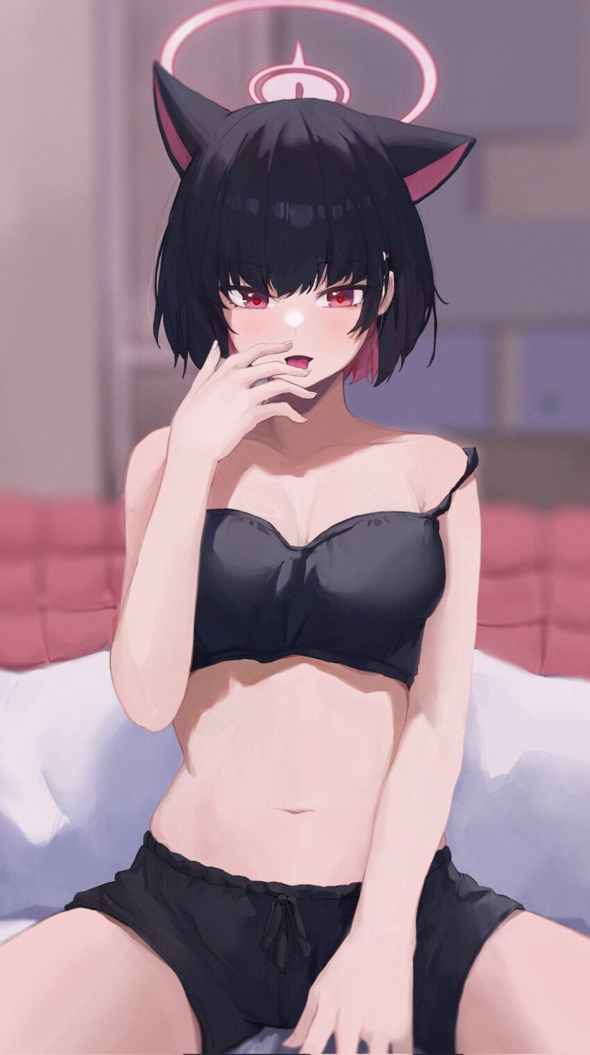 1girl alternate_costume animal_ears black_hair black_shorts blue_archive blurry blurry_background blush breasts cat_ears cat_girl commentary corrupted_twitter_file crop_top halo heart heart-shaped_pupils highres indoors jianjia kazusa_(blue_archive) licking licking_finger licking_own_finger looking_at_viewer medium_breasts navel on_bed pink_halo red_eyes short_hair shorts sitting solo stomach strap_slip symbol-only_commentary symbol-shaped_pupils tongue tongue_out