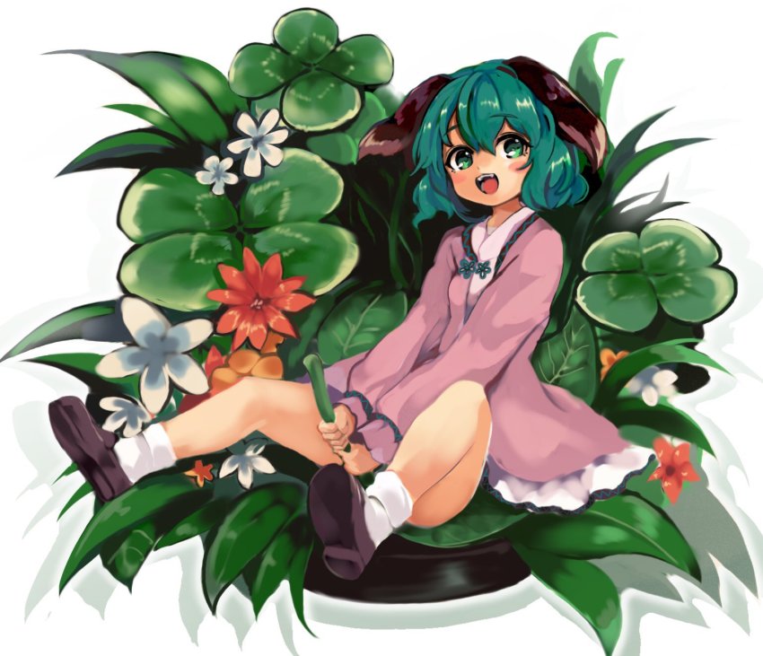 1girl animal_ears bad_id bad_twitter_id clover commentary dog_ears doroame_(ameyu) dress female_focus flower flower_request four-leaf_clover grass green_eyes green_hair highres jasmine_(flower) kasodani_kyouko leaf long_sleeves looking_at_viewer open_mouth pink_dress shoes short_hair sitting socks solo teeth tongue touhou white_socks