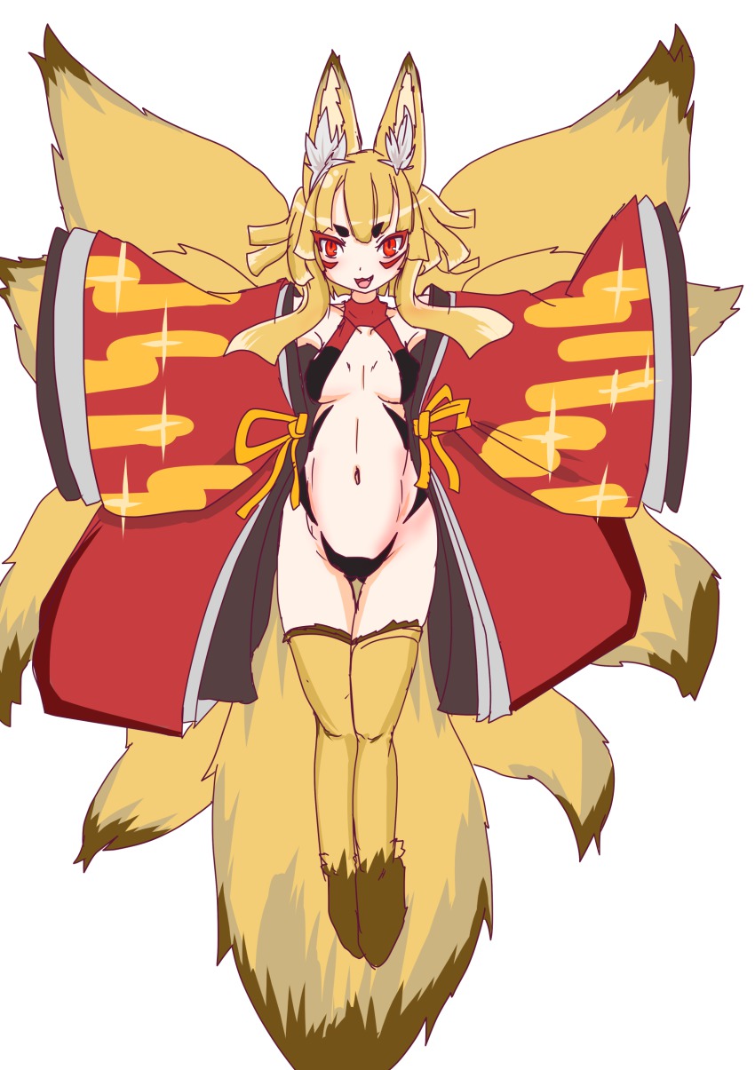 1girl absurdres animal_ears blonde_hair disgaea fox_ears fox_tail fuyuhara highres looking_at_viewer makai_senki_disgaea_5 navel nine-tailed_fox_(disgaea) open_mouth red_eyes tail