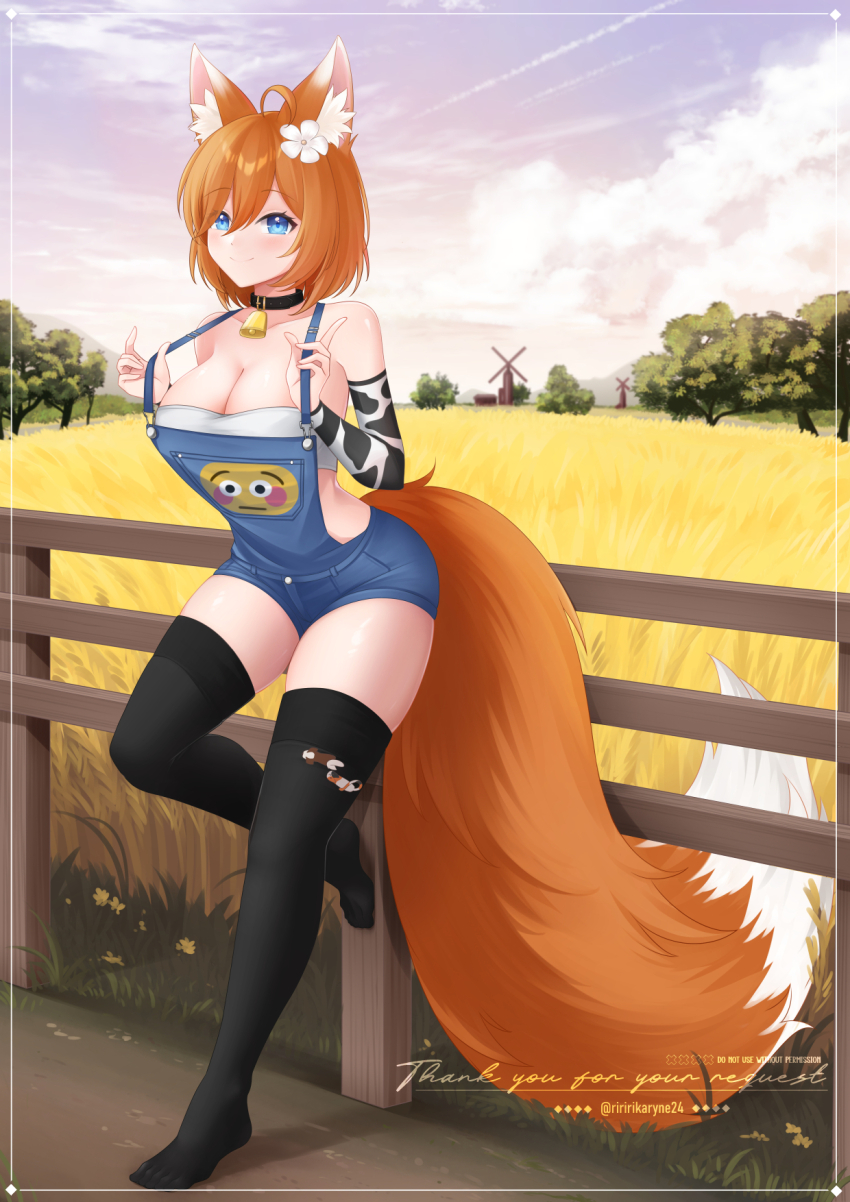 1girl against_fence ahoge animal_ear_fluff animal_ears animal_print bell black_choker black_thighhighs blue_eyes blue_overalls breasts choker cleavage closed_mouth cloud collarbone cow_print cowbell detached_sleeves emoji fence flower fox_ears fox_girl fox_tail glubbable hair_between_eyes hair_flower hair_ornament highres large_breasts orange_hair overalls rika_ryne short_hair sky smile solo strapless tail thank_you thighhighs tree tube_top twitter_username two-tone_sleeves vrchat wheat_field white_flower white_tube_top windmill