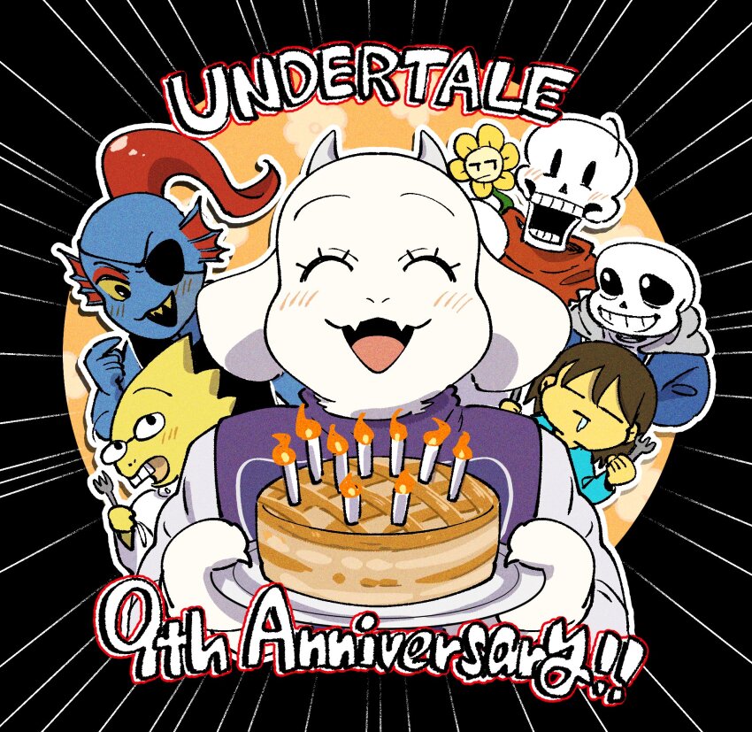 alphys anniversary cake candle closed_eyes fins flowey_(undertale) food fork frisk_(undertale) happy_birthday head_fins highres holding holding_fork moruineko multiple_boys multiple_girls papyrus_(undertale) sans_(undertale) skeleton smile speed_lines toriel undertale undyne