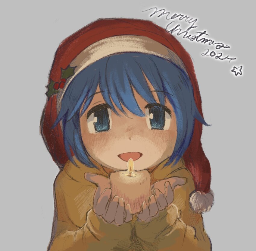 1girl blue_eyes blue_hair candle candlelight catholic hat highres holding holding_candle hood jubilee_2025 looking_at_viewer luce_(jubilee_2025) meltydewy merry_christmas mistletoe raincoat santa_hat short_hair simple_background smile solo the_bible yellow_raincoat