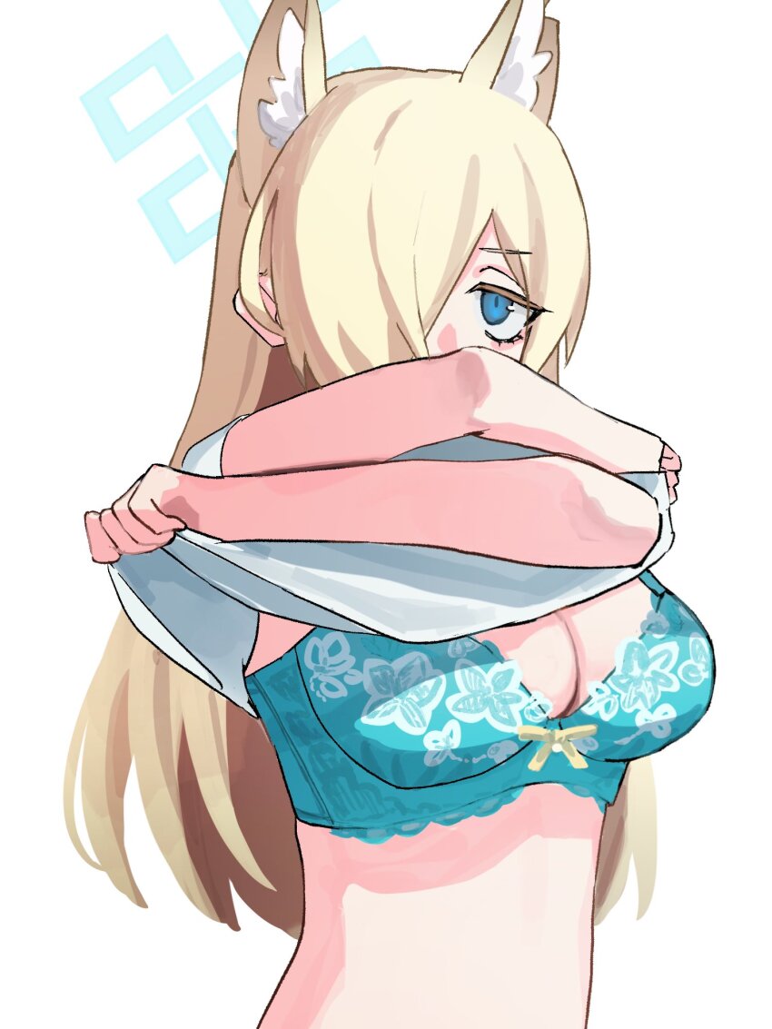 1girl alternate_costume animal_ears aqua_bra aqua_halo blonde_hair blue_archive blue_eyes bra breasts cleavage clothes_lift dog_ears dog_girl floral_print_bra hair_over_one_eye halo highres kanna_(blue_archive) large_breasts lifting_own_clothes long_hair looking_at_viewer shiosai_73 shirt shirt_lift simple_background stomach underwear undressing upper_body white_background white_shirt