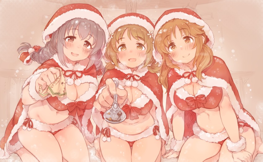 3girls 7010 barefoot bikini blush bow breasts brown_eyes brown_hair christmas cleavage commentary_request fur_trim grey_hair hair_bow hat idolmaster idolmaster_cinderella_girls large_breasts long_hair looking_at_viewer mimura_kanako multiple_girls napkin navel open_mouth plump pom_pom_(clothes) red_bikini red_bow sakakibara_satomi santa_bikini santa_costume santa_hat short_hair side-tie_bikini_bottom smile spoon swimsuit totoki_airi twintails