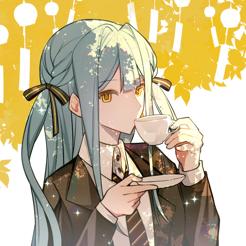 1girl artist_request bang_dream! bang_dream!_it&#039;s_mygo!!!!! black_jacket black_necktie black_ribbon blue_hair braid chinese_commentary collared_shirt commentary_request commission cup day diagonal-striped_clothes diagonal-striped_necktie dress_shirt hair_ribbon highres holding holding_cup jacket long_hair long_sleeves necktie open_clothes open_jacket ribbon second-party_source shirt sidelocks solo striped_clothes togawa_sakiko upper_body white_shirt wind_chime yellow_eyes