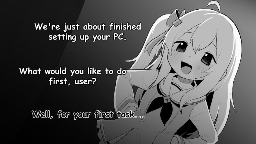 1girl ahoge blush bow commentary dress english_commentary english_text greyscale hair_bow hand_on_own_hip highres k315h1 long_hair long_sleeves looking_at_viewer madobe_ichika microsoft_windows monochrome neckerchief open_mouth os-tan sailor_dress side_ponytail smile solo very_long_hair windows_11