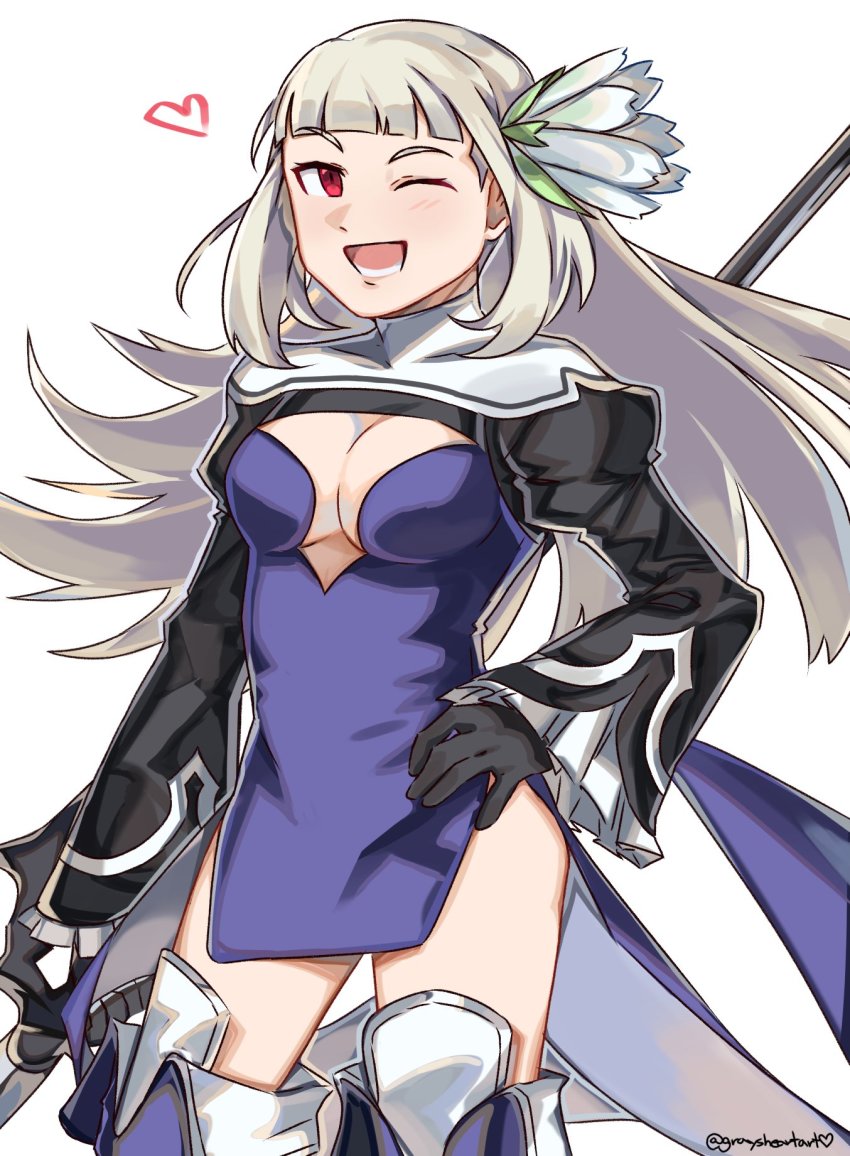 1girl ;d black_gloves bravely_default_(series) bravely_second:_end_layer breasts cleavage_cutout clothing_cutout cowboy_shot dress flower gloves graysheartart hair_flower hair_ornament hand_on_own_hip heart highres long_hair magnolia_arch multicolored_clothes multicolored_dress one_eye_closed open_mouth polearm purple_dress red_eyes short_dress smile solo standing weapon white_background white_flower white_hair